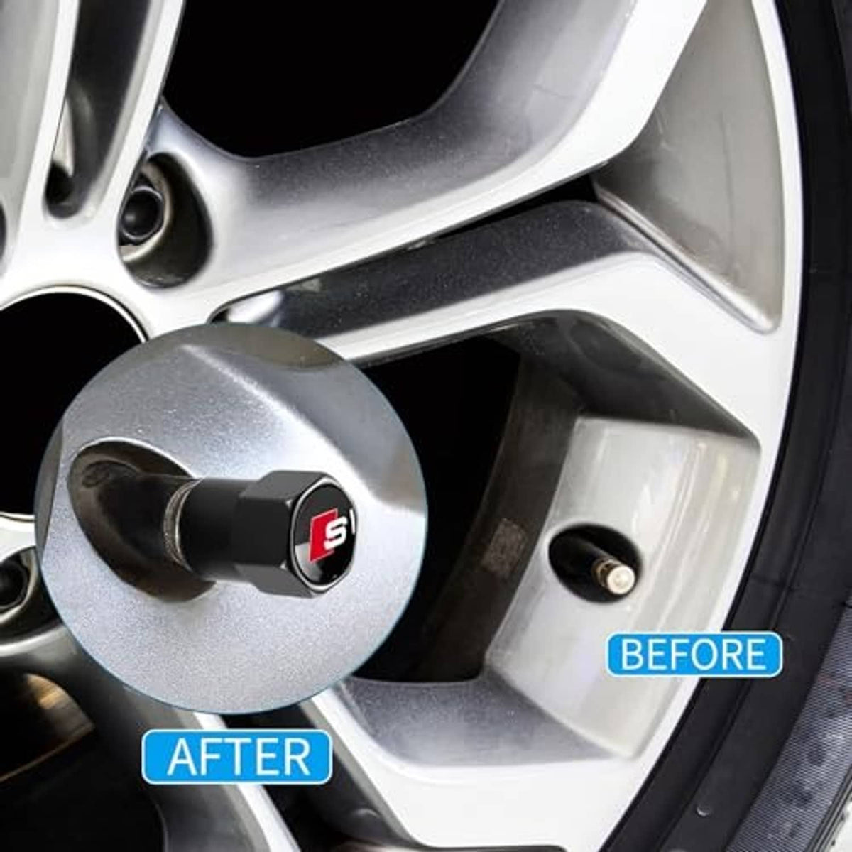 Black tire valve stem cap with red S logo on wheel rim valve opening