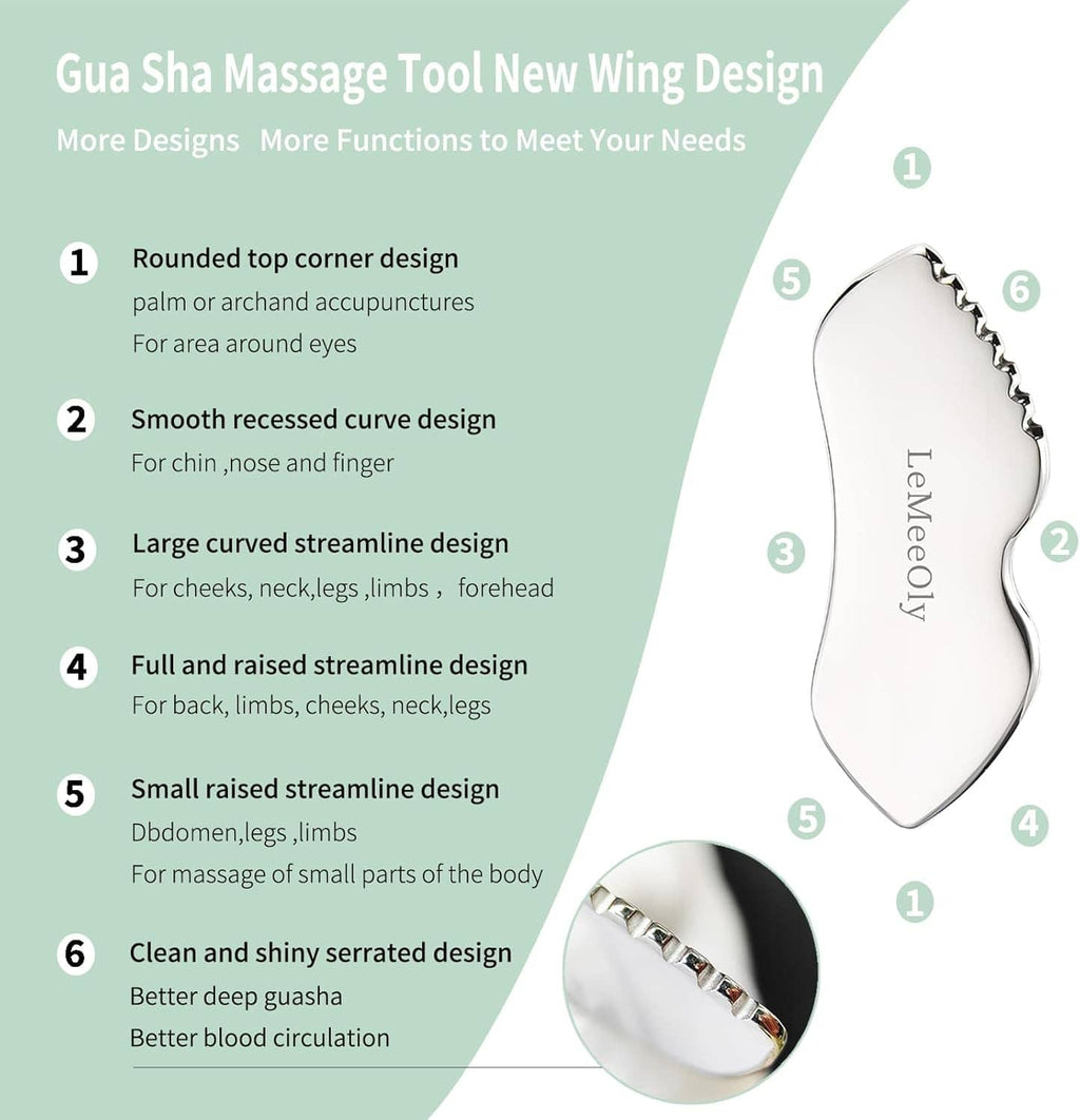 Gua sha massage tool with multiple body curve designs, stainless steel look, silver
