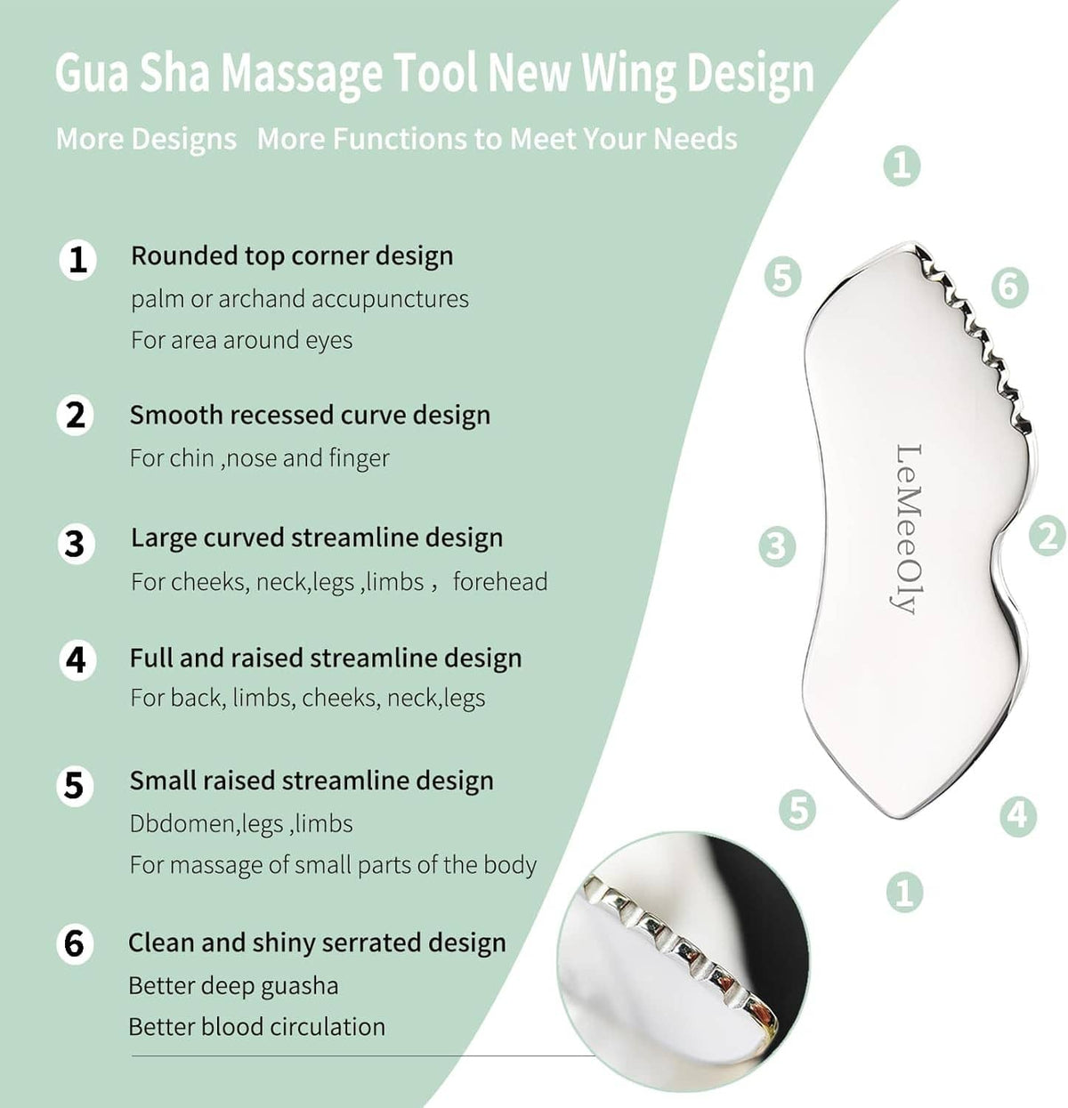 Gua sha massage tool with multiple body curve designs, stainless steel look, silver