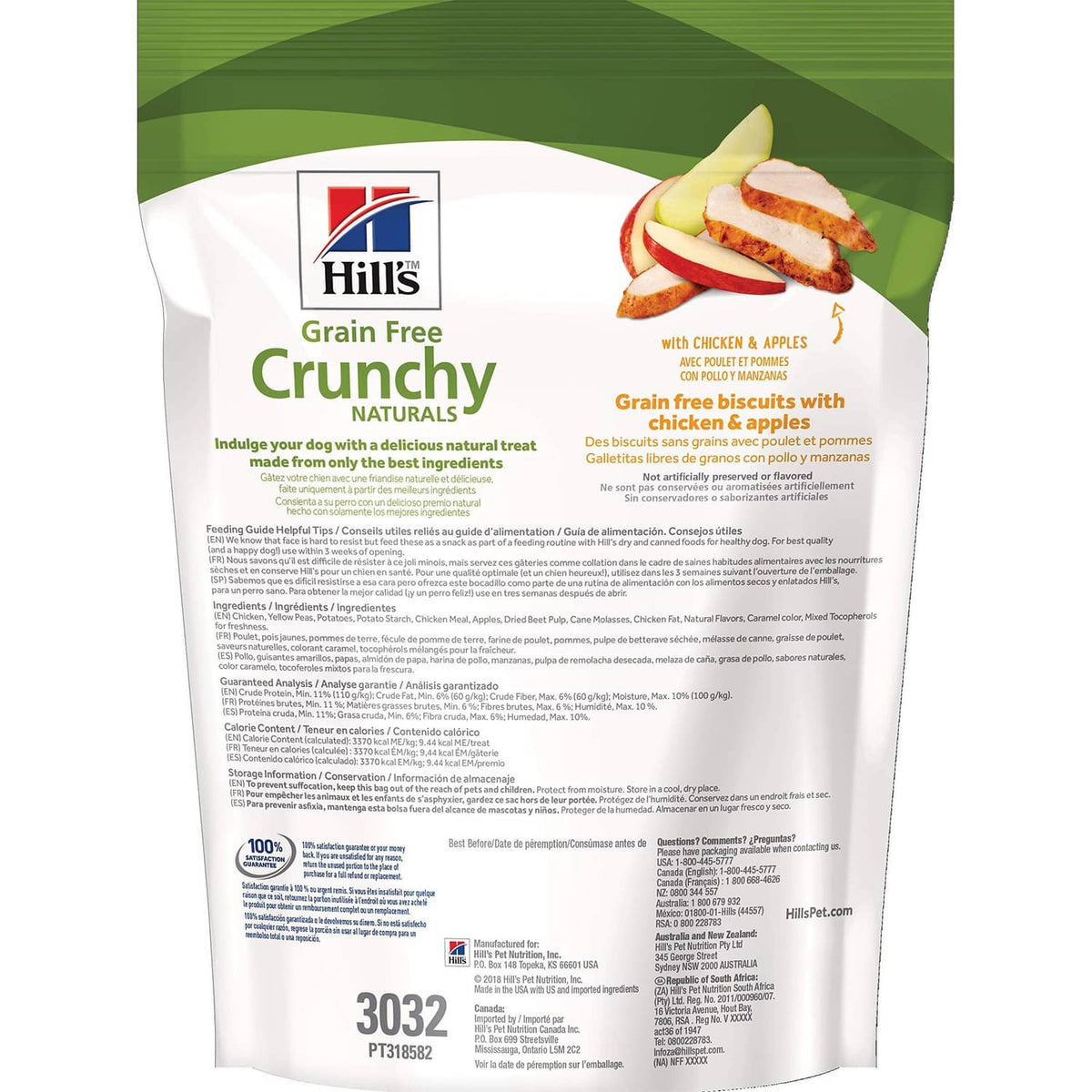 Hill's Grain Free Crunchy Naturals dog treat pouch, back label with directions and nutrition