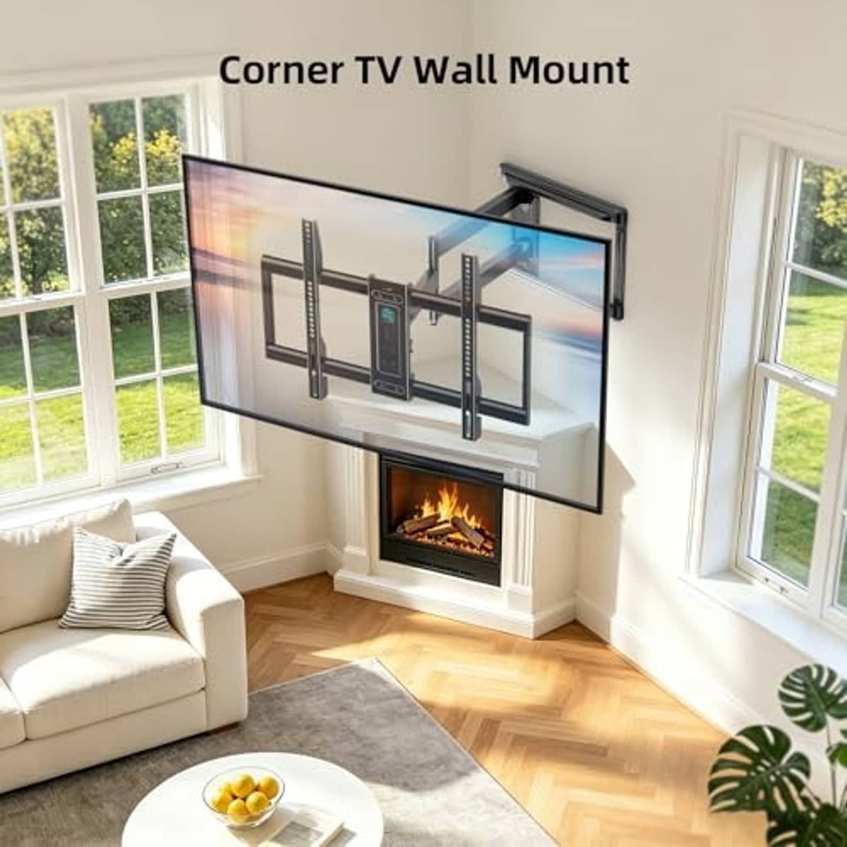 Corner TV wall mount installed on wall with long arms supporting a TV