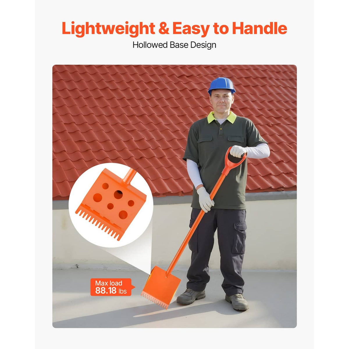 Orange lightweight shingle removal tool with serrated blade and D-grip handle