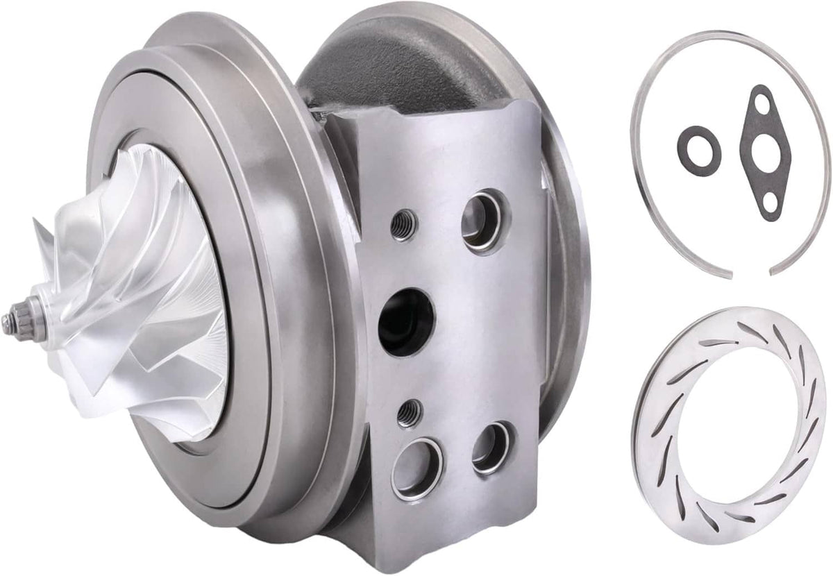 Turbo cartridge CHRA with round compressor cover, metal body, and included seal ring.