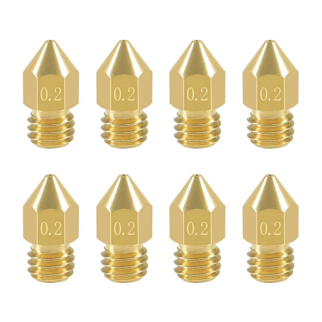 0.2mm brass MK8 extruder nozzles set, 8-pack with M6 threaded bodies