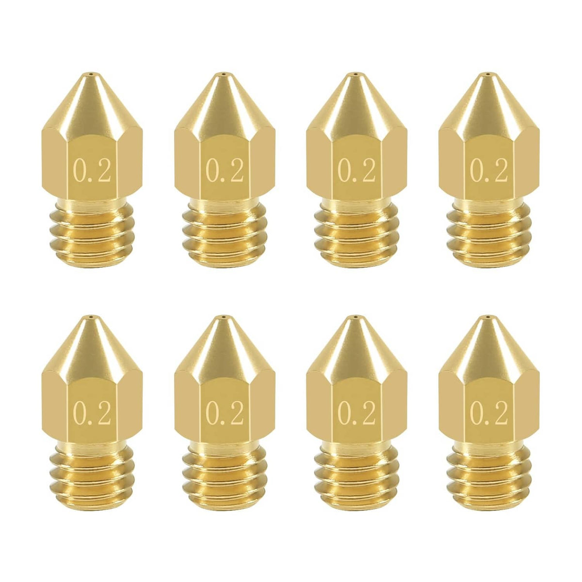 0.2mm brass MK8 extruder nozzles set, 8-pack with M6 threaded bodies
