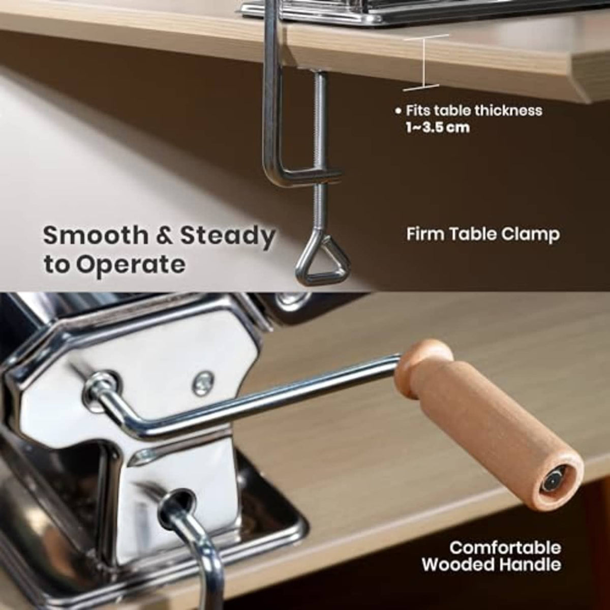 Stainless pasta maker clamped to a table with a comfortable wooden handle