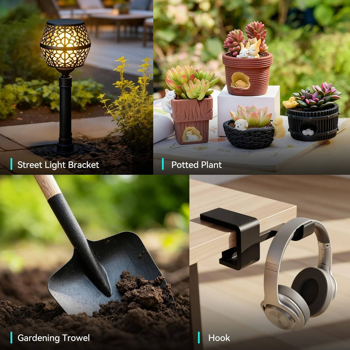Black carbon fiber PETG filament accessories: garden tool, plant pot, and hook