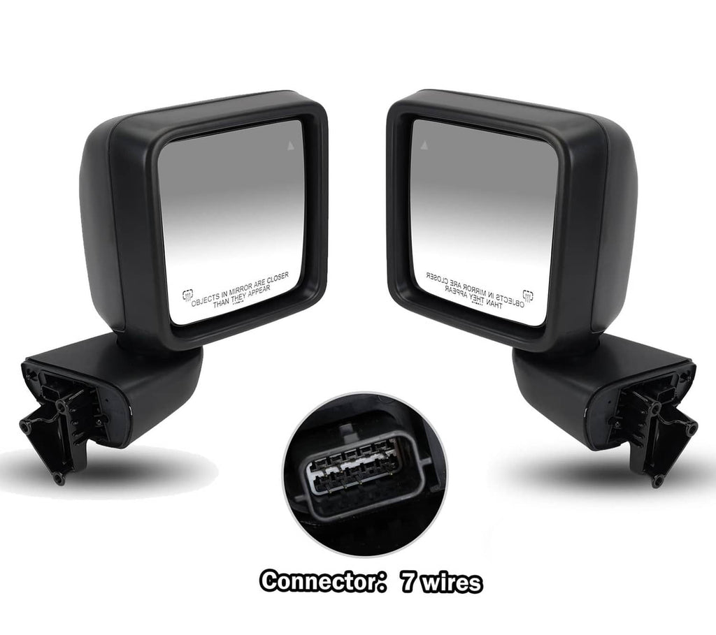 Pair of black side rear blind spot mirrors, front view, with visible 7-wire connector