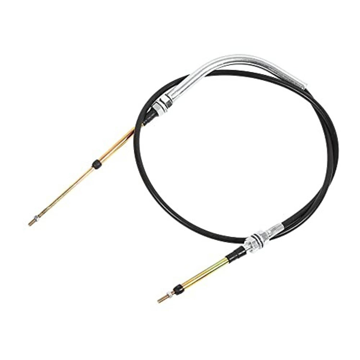 Transmission shift cable with black loop and chrome fittings, gold inner cable visible.