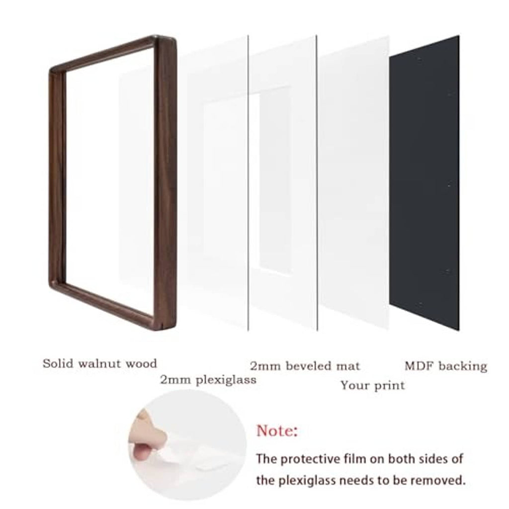 Walnut wood picture frame parts: beveled glass, 2mm mat, and MDF backing