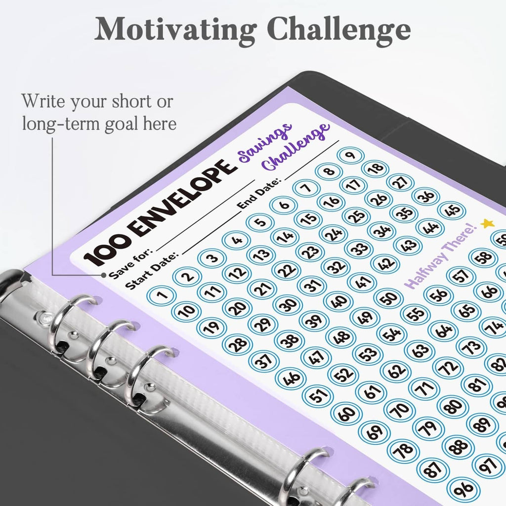 Black money saving challenge binder with close-up 100-envelope tracker sheet