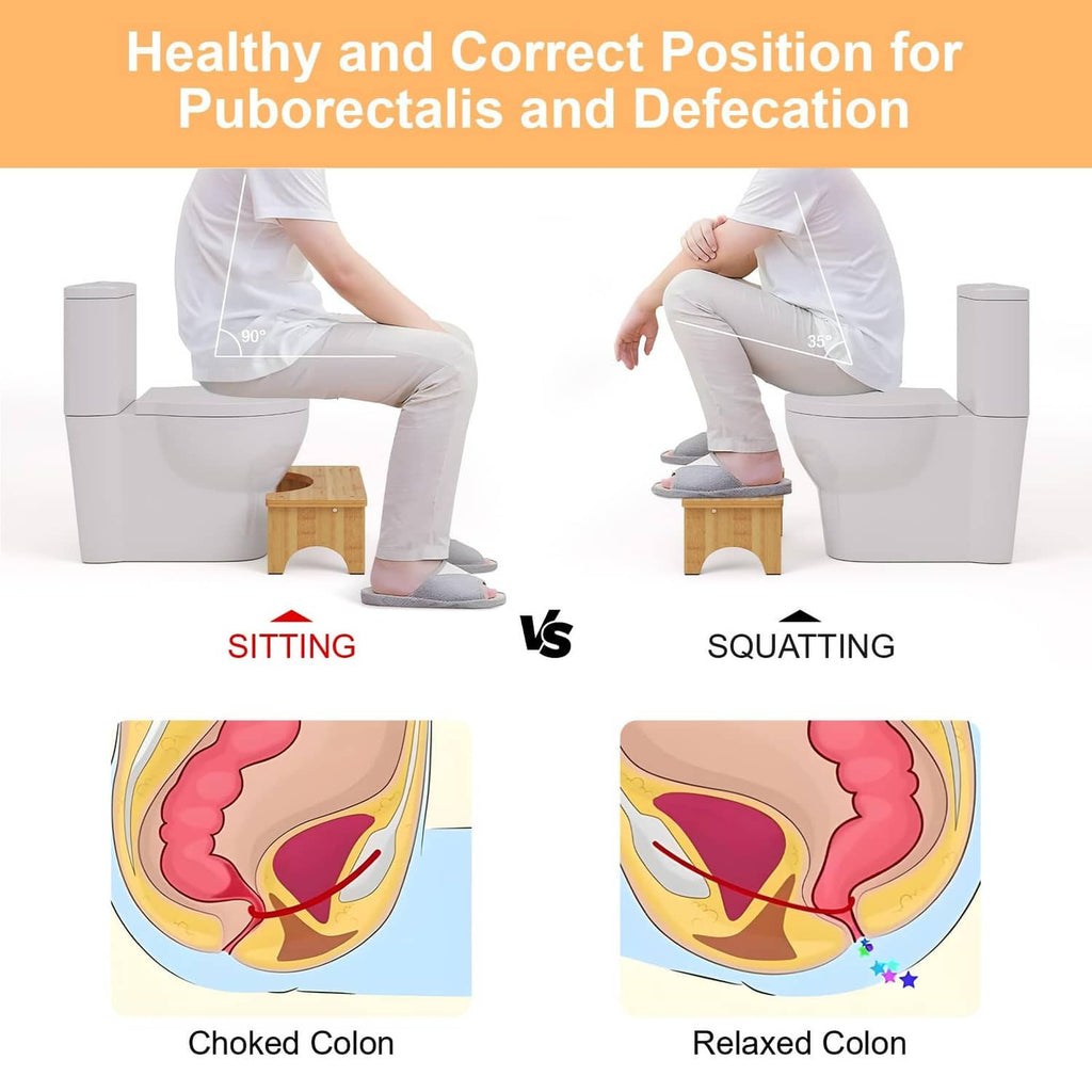 Bamboo toilet squat stool shown under a person’s feet during squatting use