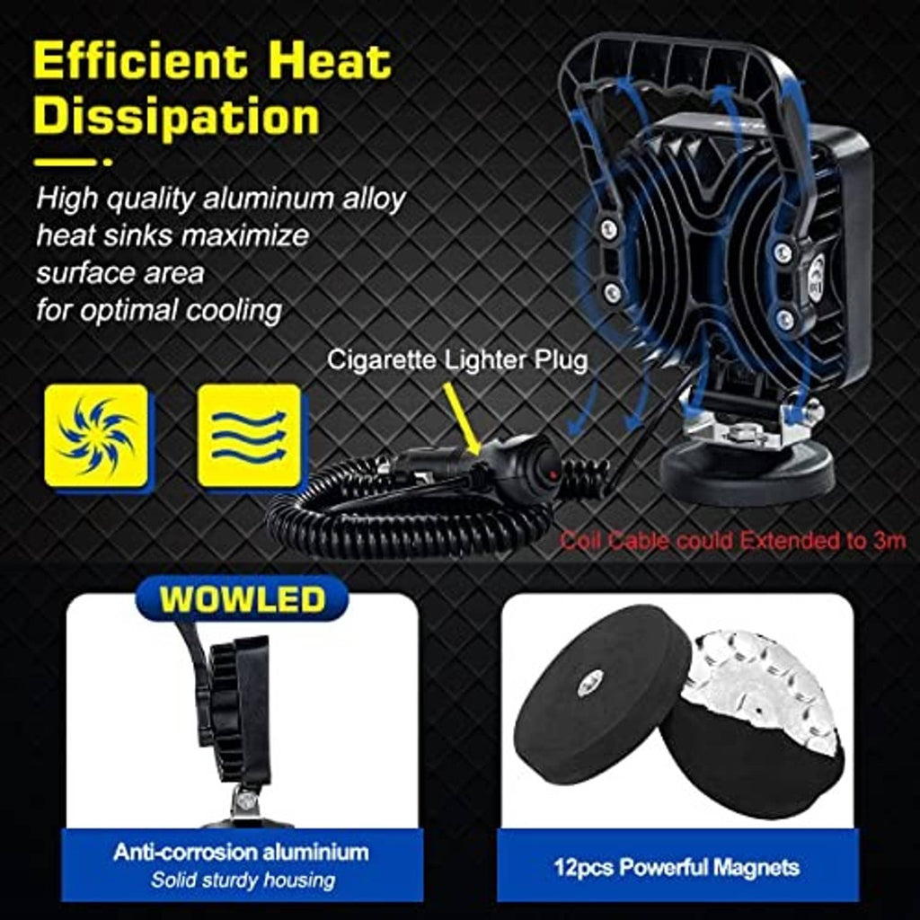 Portable LED work light with coil power cable, cigarette lighter plug, magnetic base