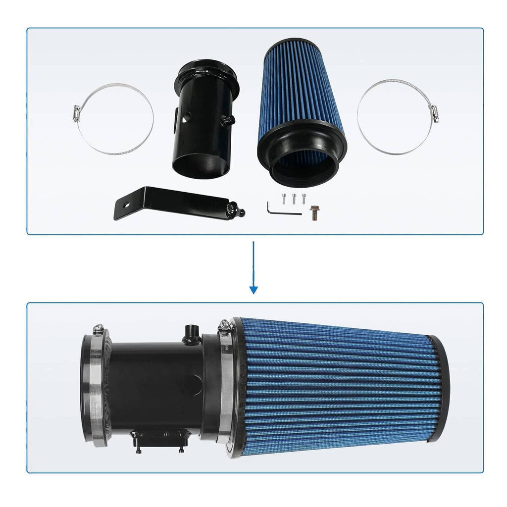 Cold air intake kit components shown: blue filter cone, black pipe, clamps, and support bracket
