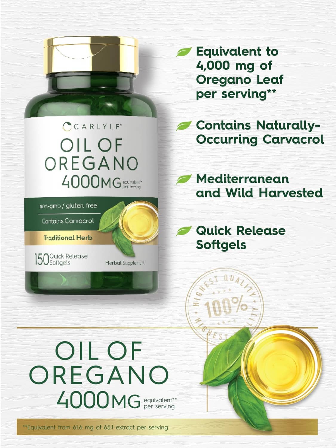 Oil of oregano 4000mg supplement bottle with gold cap and oregano leaf graphic