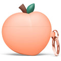 Peach silicone charging case cover with green leaf detail and rose-gold carabiner