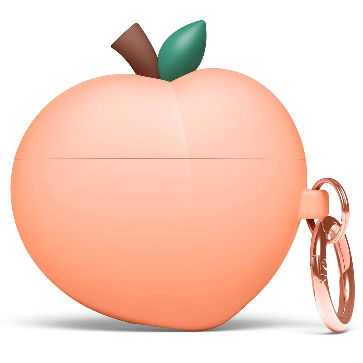 Peach silicone charging case cover with green leaf detail and rose-gold carabiner