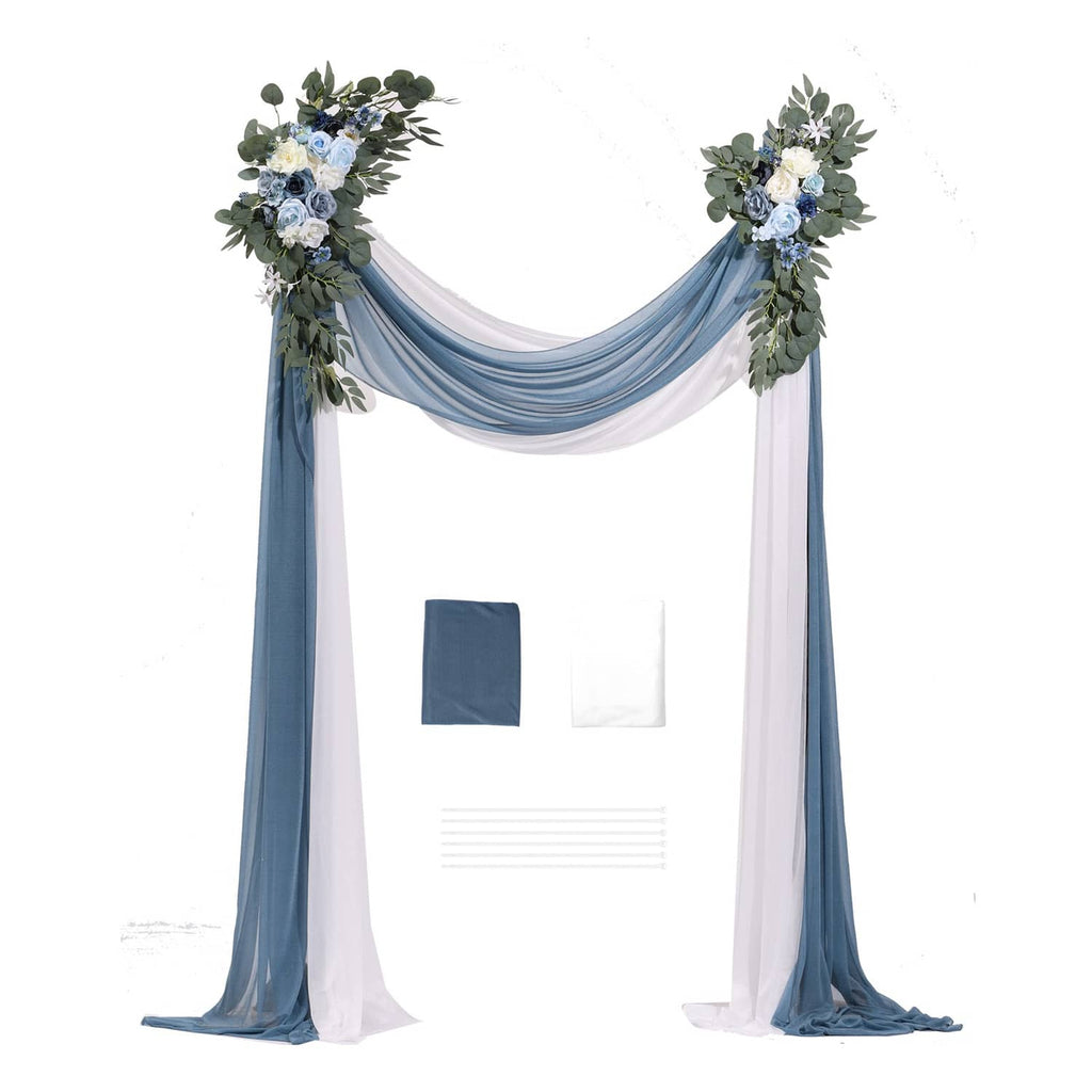 Artificial wedding arch flower kit with blue and white draped fabric and green corner blooms
