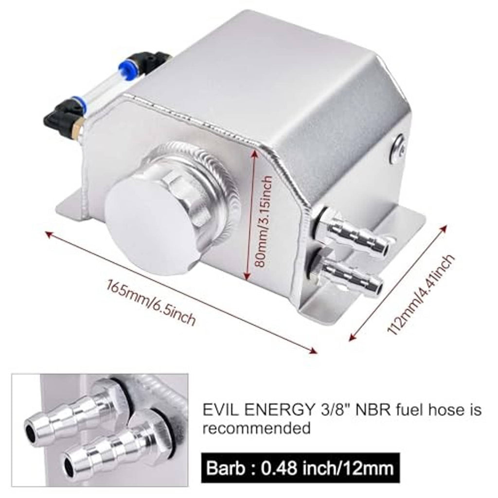 Silver aluminum coolant recovery tank showing outlet fittings and body size dimensions