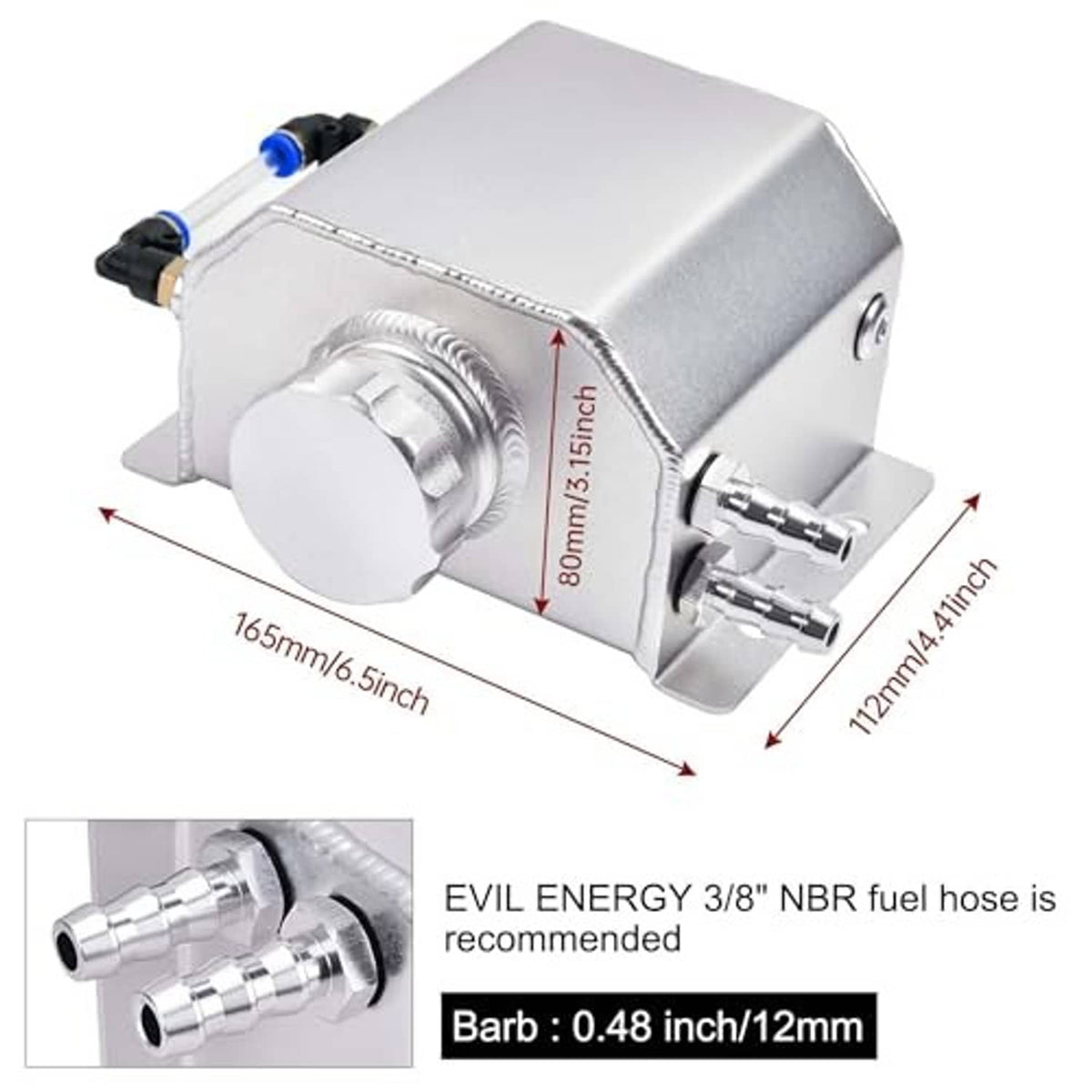 Silver aluminum coolant recovery tank showing outlet fittings and body size dimensions