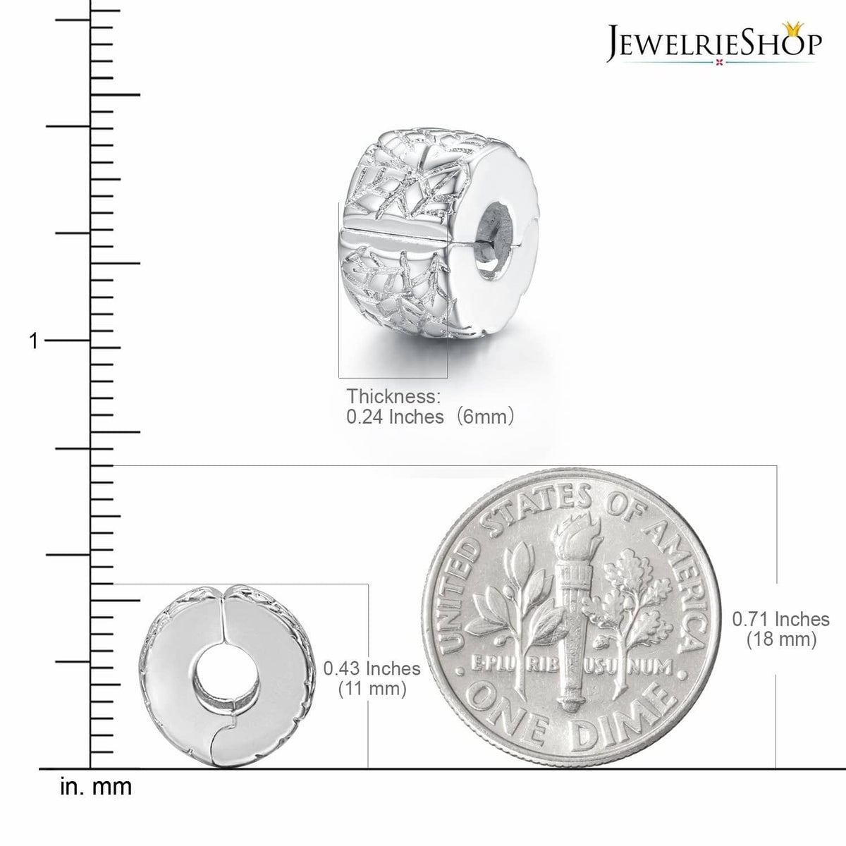 Silver clip spacer charm bead, round cutout pattern, shown for sizing
