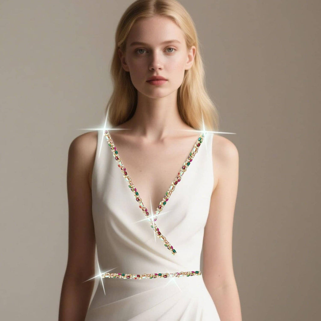 Multicolor crystal rhinestone trim chain on a white dress neckline and straps