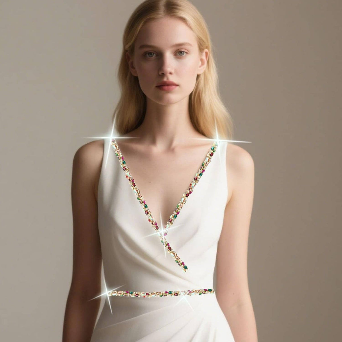 Multicolor crystal rhinestone trim chain on a white dress neckline and straps
