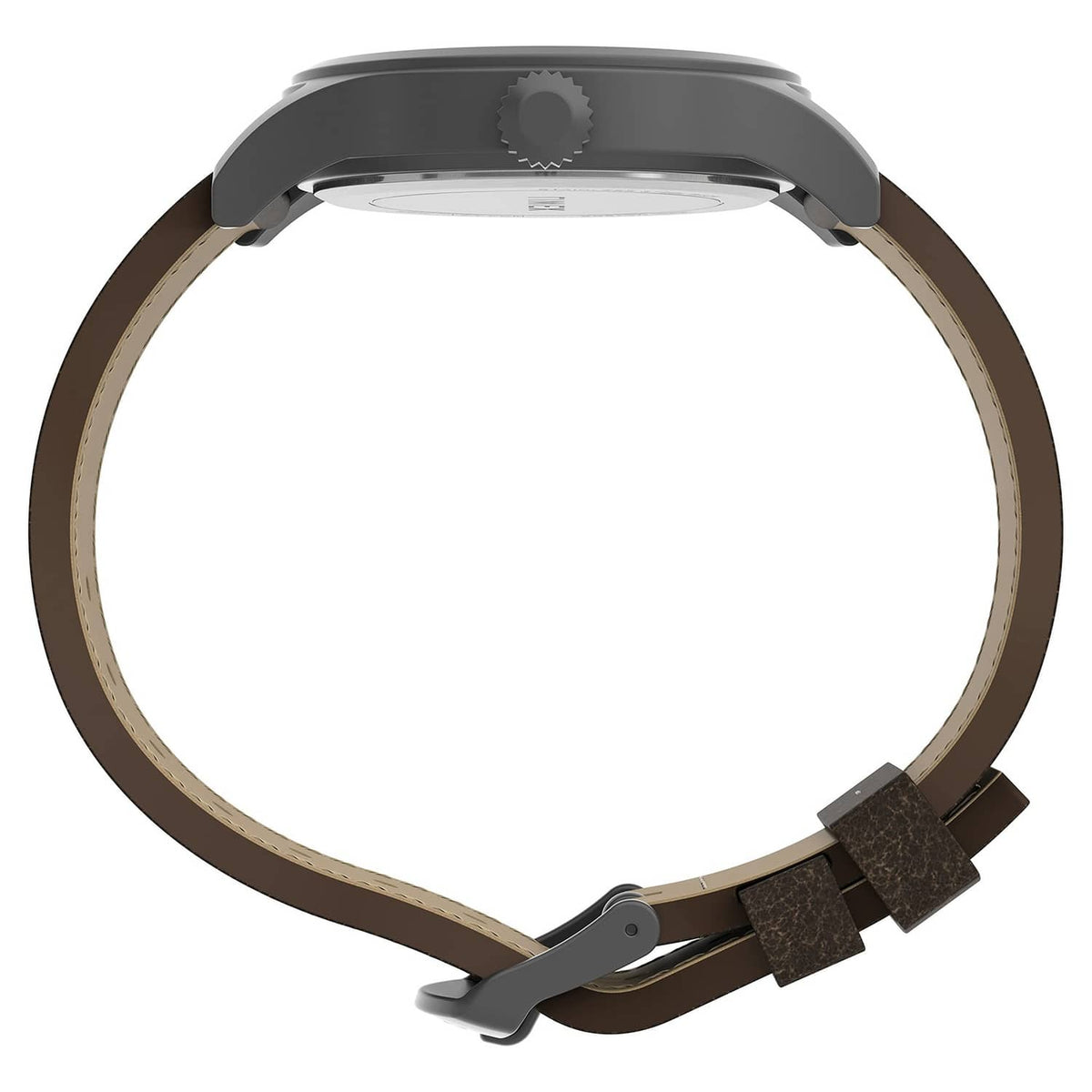 Back view of gunmetal watch case with brown leather strap and buckle