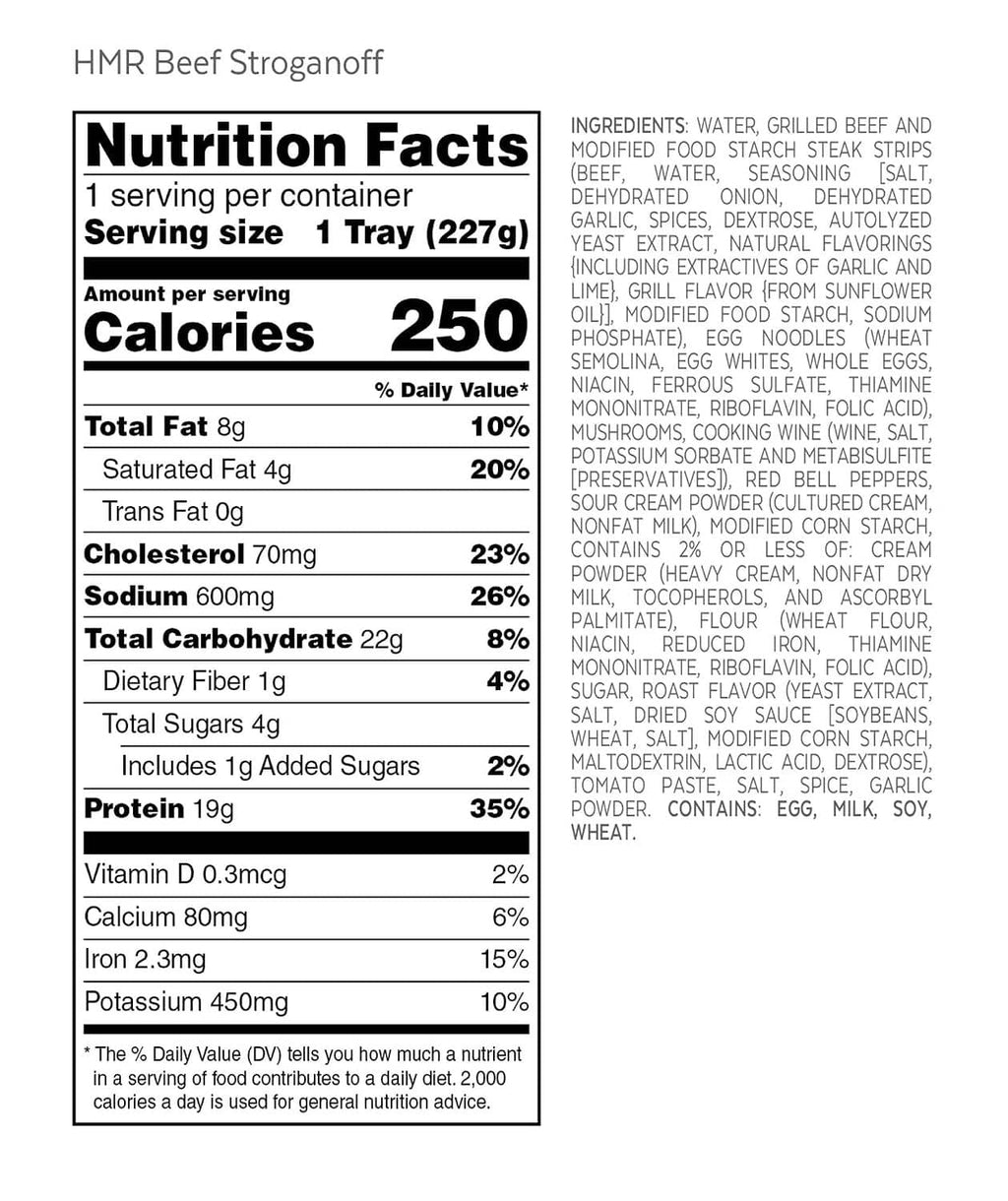 Nutrition facts panel for beef stroganoff with noodles tray