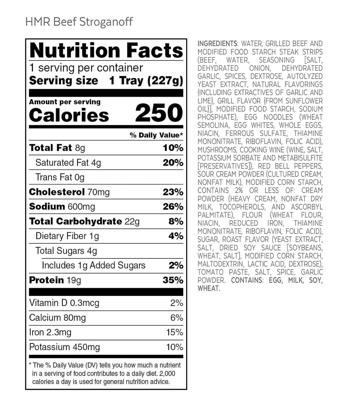 Nutrition facts panel for beef stroganoff with noodles tray