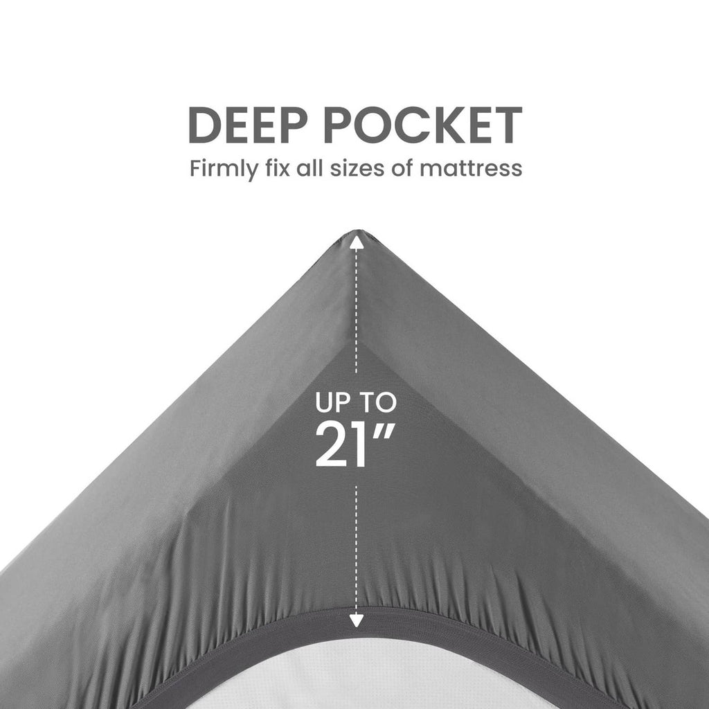 Gray deep-pocket mattress topper cover, elastic fit up to 21 inches