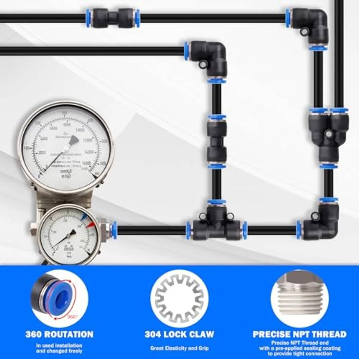 Air line tubing kit assembly with black tubing, blue fittings, and pressure gauges