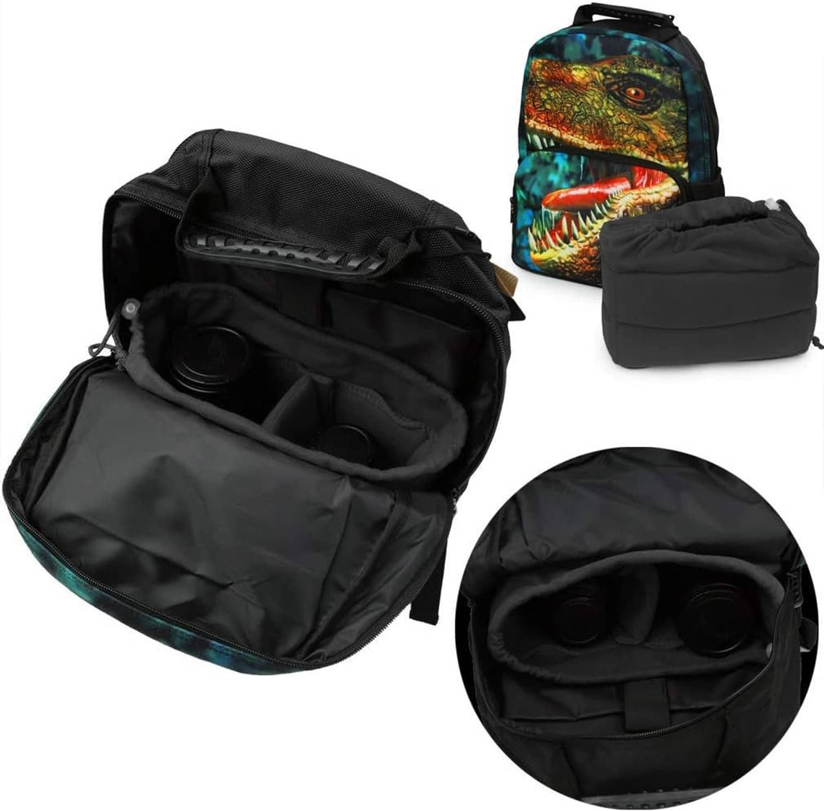 Black camera bag with front flap pocket and removable zip pouch set