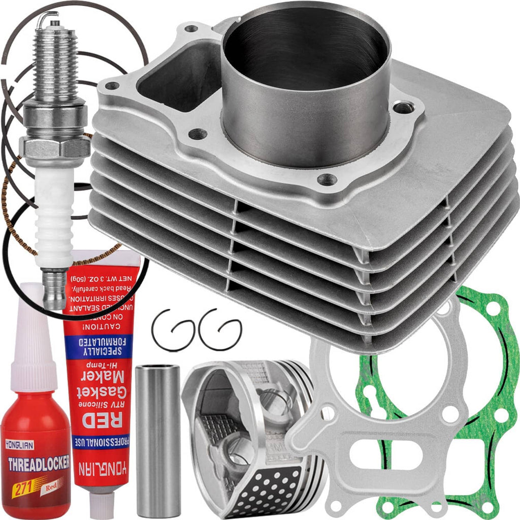 Engine cylinder kit with silver cylinder head, piston rings, and green gasket
