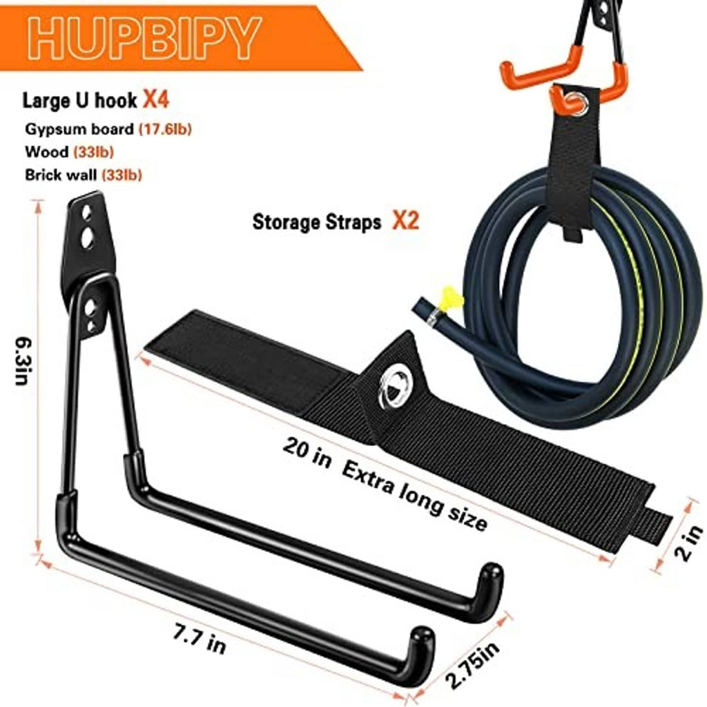 Black wall U hooks with nylon storage strap and extra-long hanging bar