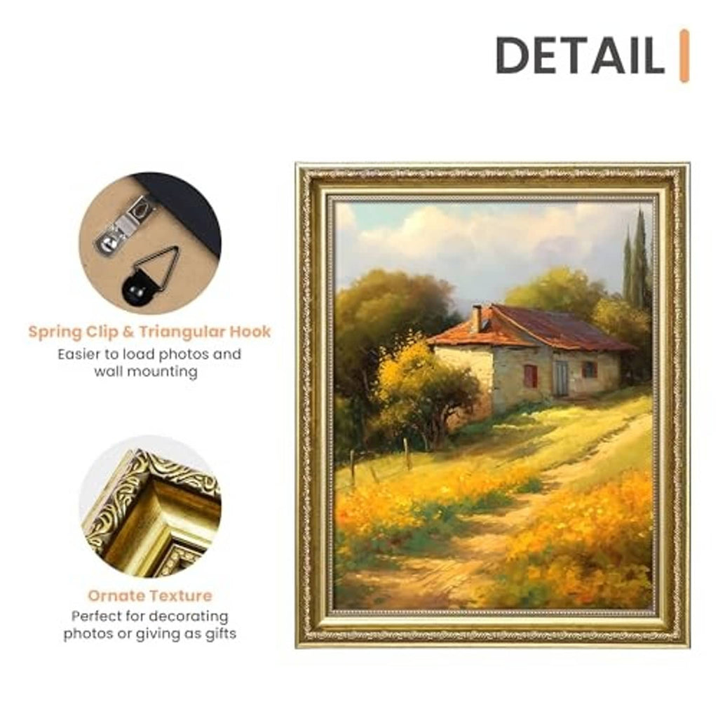 Ornate gold picture frame with mounting hook and textured trim detail