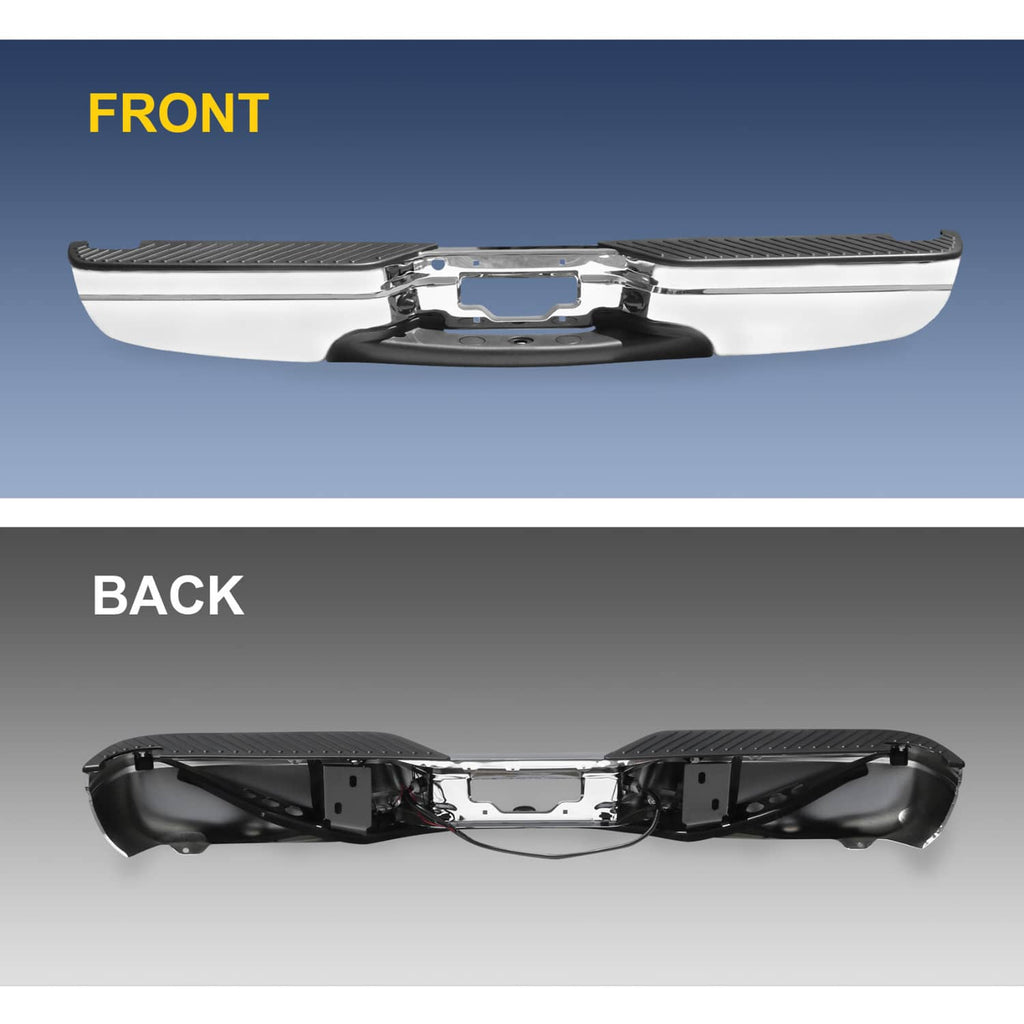 Chrome rear step bumper with black textured step covers and center mounting bracket