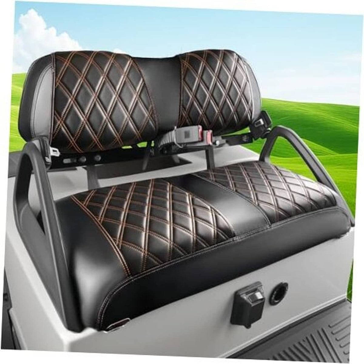 Black golf cart front seat cover with diamond quilt pattern and brown contrast stitching