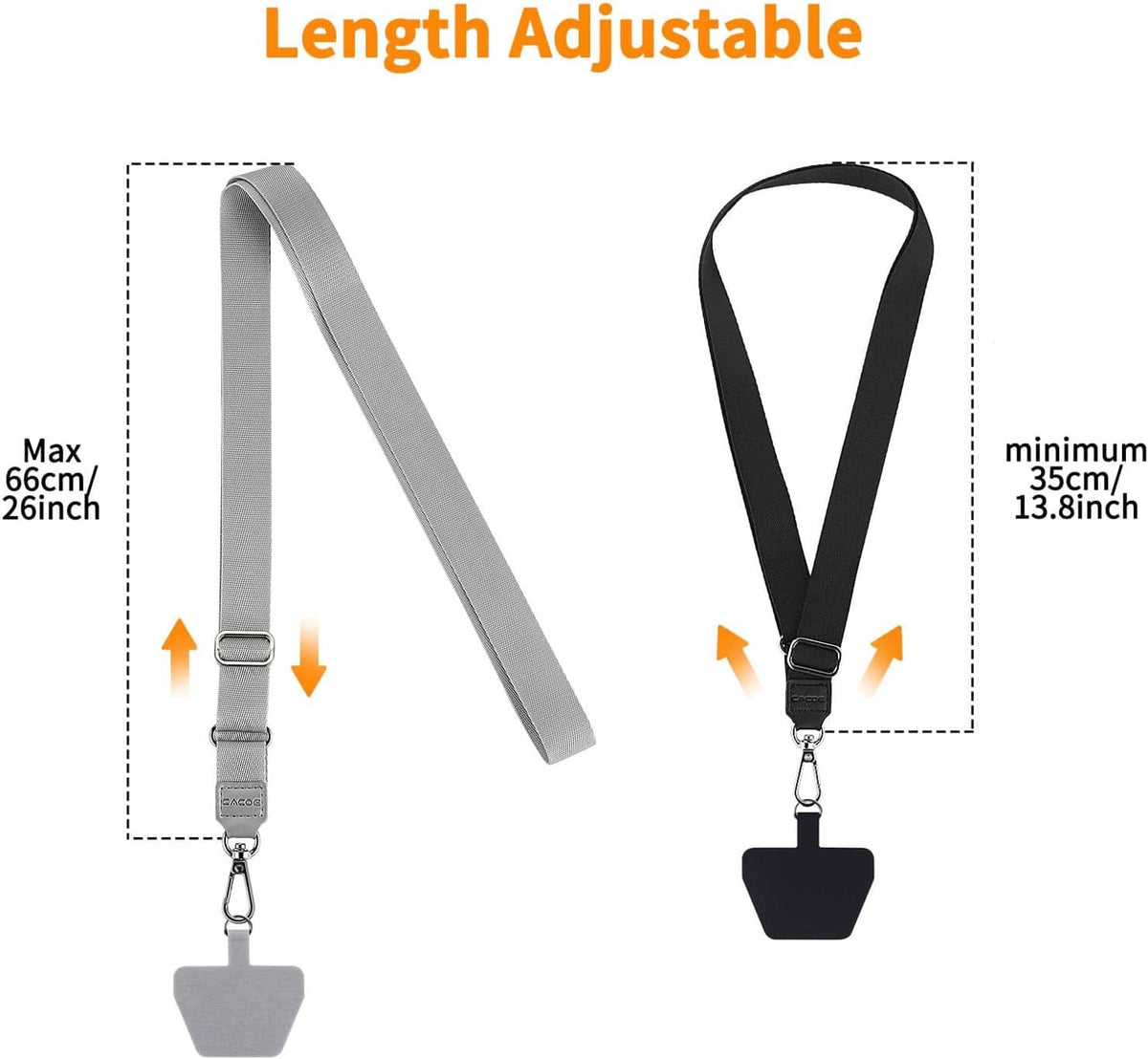 Adjustable phone lanyard straps with max/min length and gray and black phone patches