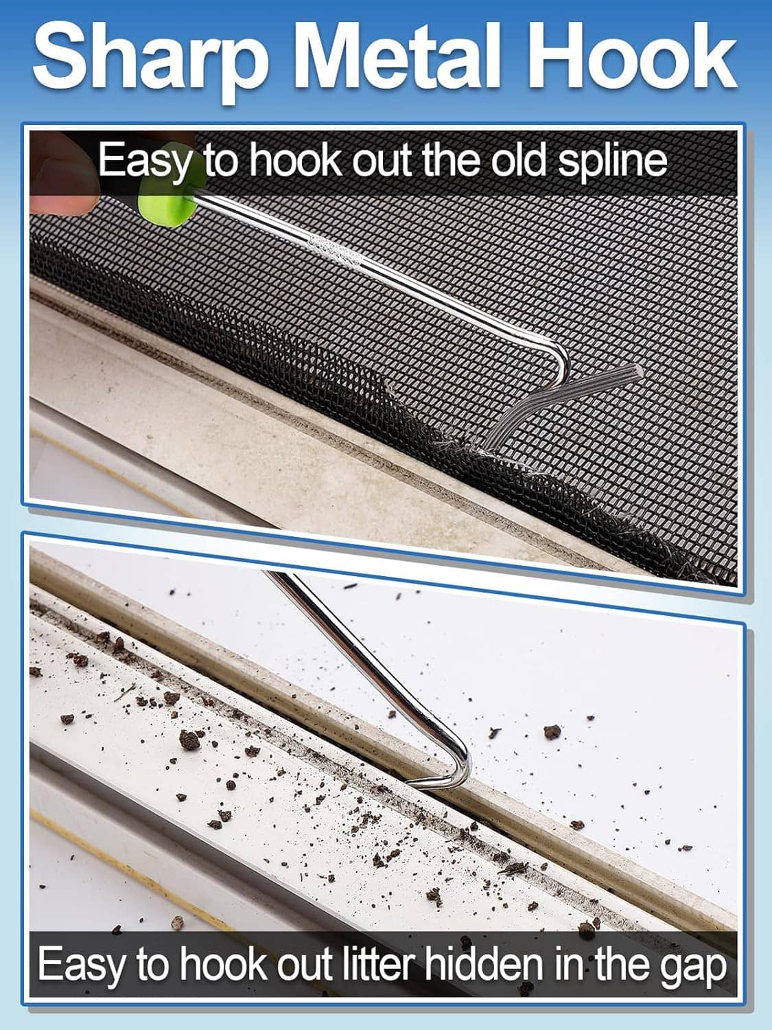 Screen spline removal hook tool with curved metal tip for pulling old spline from gap