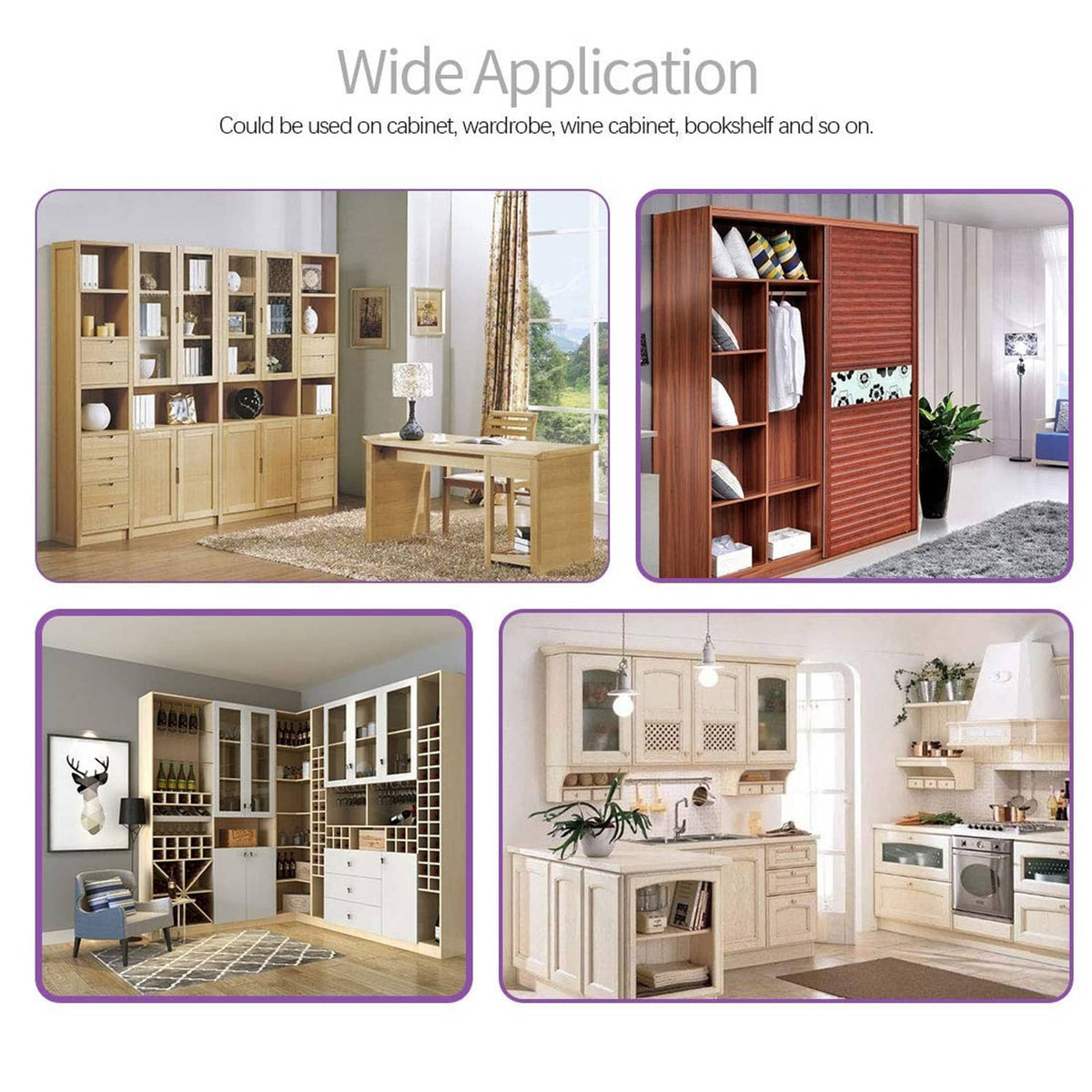 Shelf support pins kit for use in cabinets and wardrobes, shown in multiple room setups