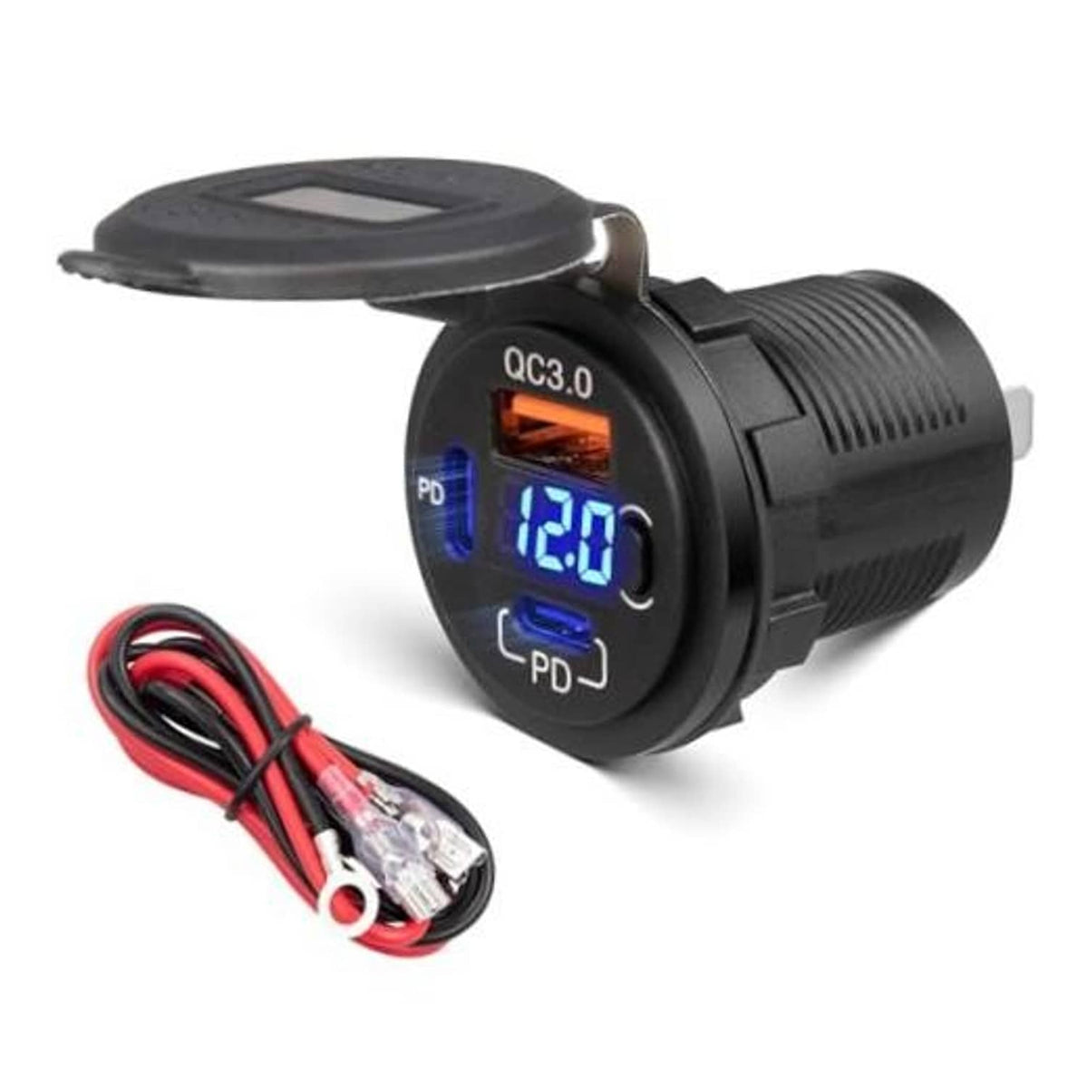 Car USB-C charger with QC3.0/PD display showing 12.0 and attached wires