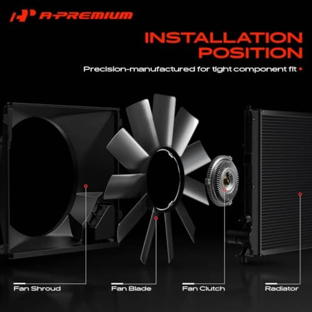 Radiator cooling fan blade with fan shroud and clutch alignment shown