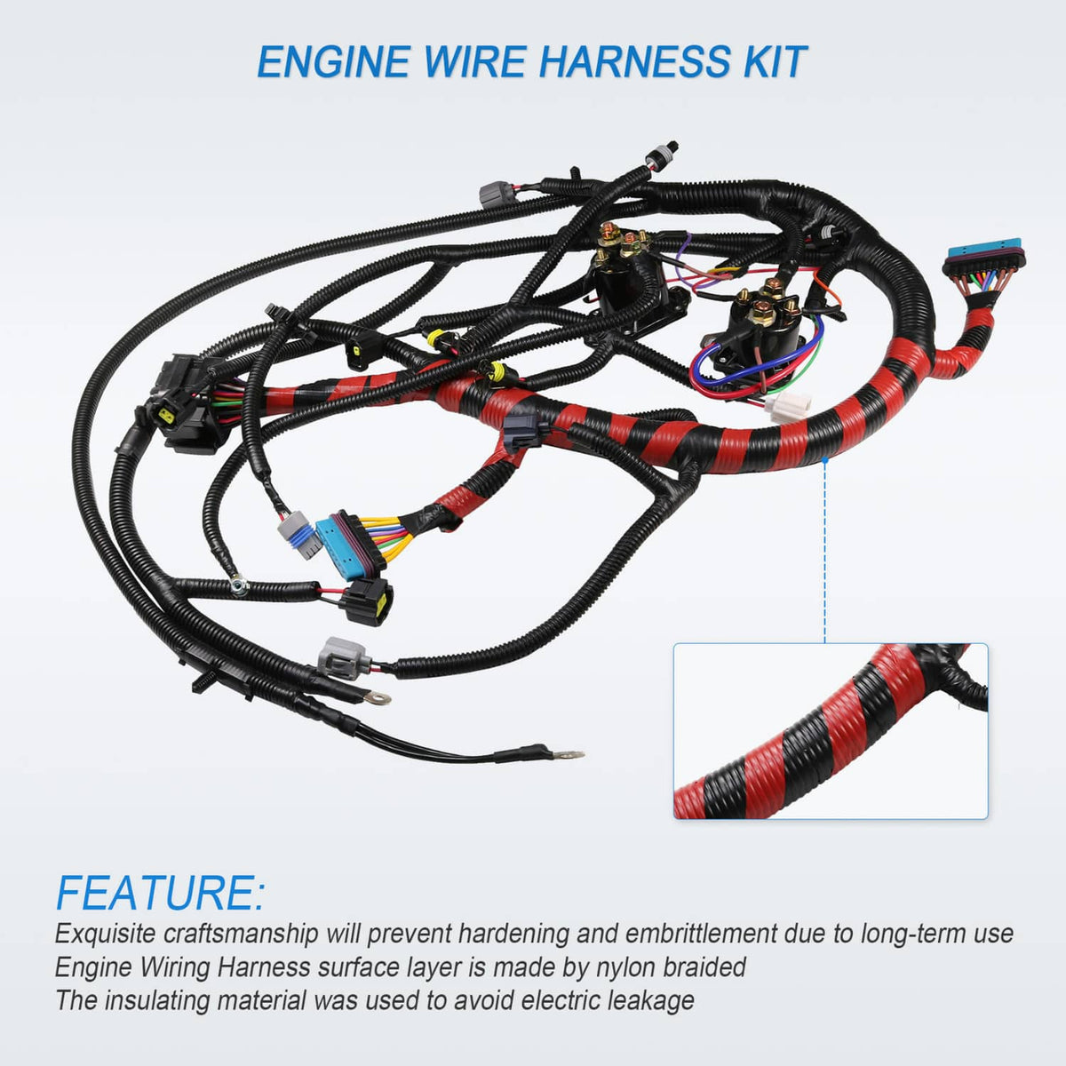 Engine wiring harness kit laid out with black cables and red-striped sleeve, many plug ends