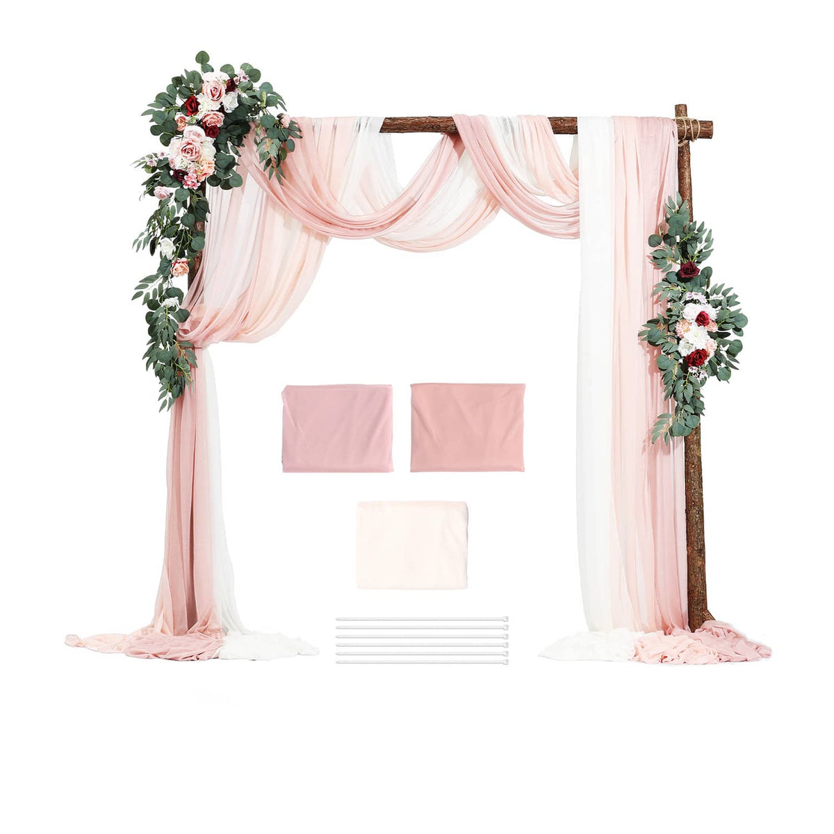 Wedding arch kit pieces: pink and white sheer drapes, floral accents, extra fabric strips