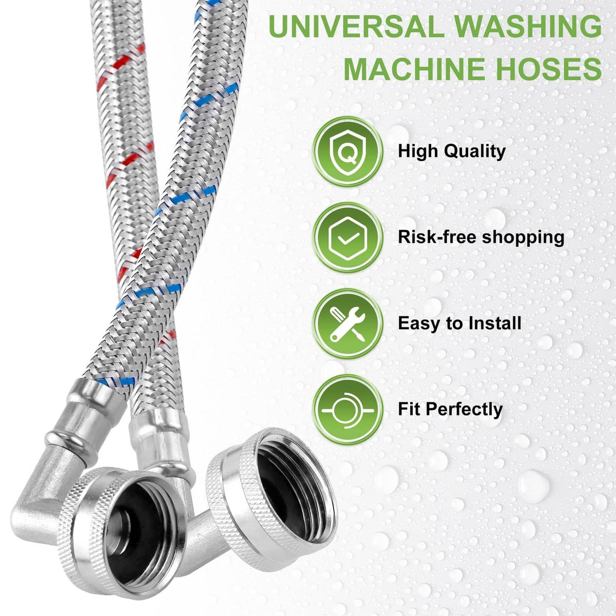 Braided stainless washing machine hose with elbow joint and threaded inlet connectors