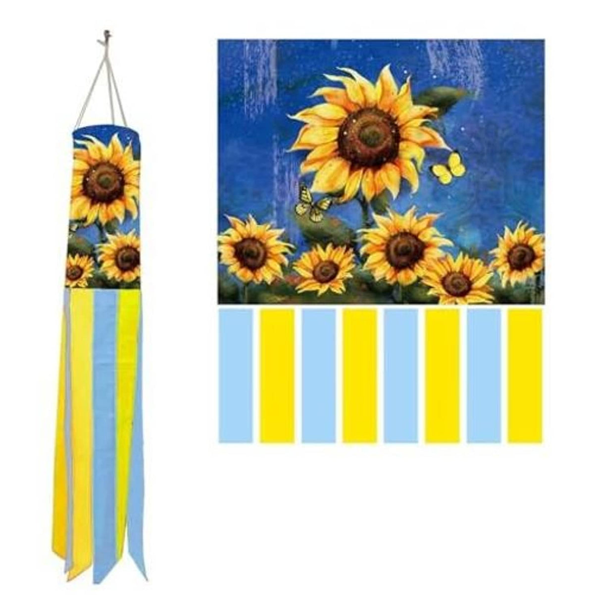 Sunflower windsock with butterfly motif and blue-and-yellow striped ribbon streamers