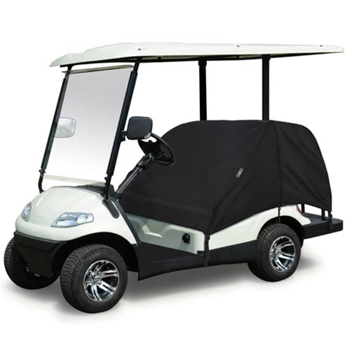 Black fitted golf cart seat cover covering driver and passenger seats