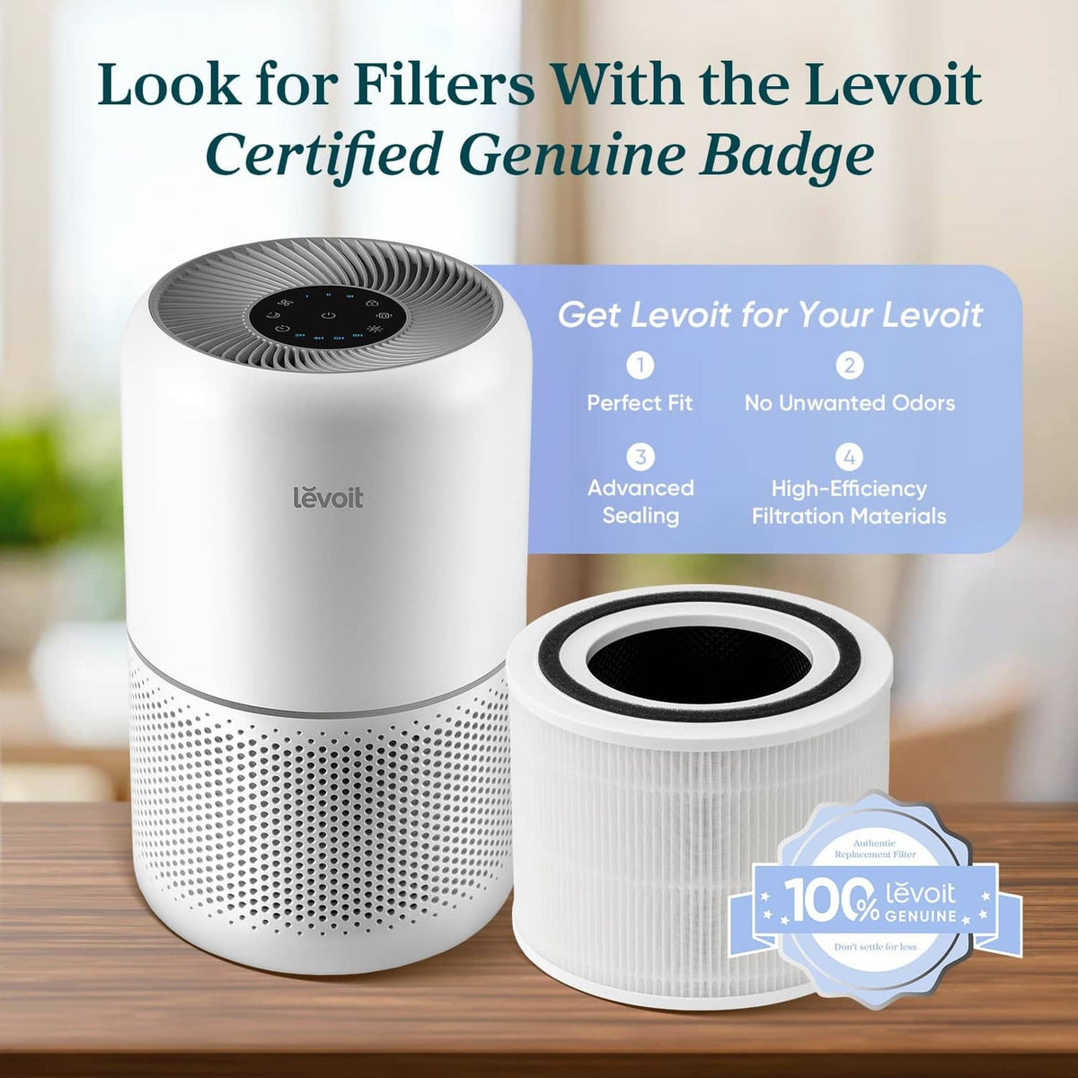 White LEVOIT air purifier with included replacement filter cartridge