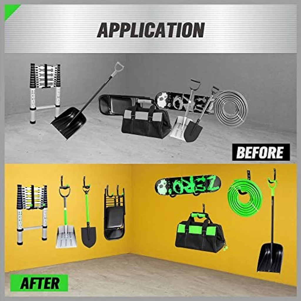 Garage wall organization setup showing utility hooks with green tips before and after